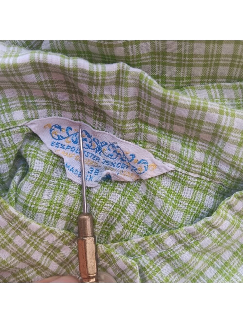 True Vintage Top Large Green Plaid Short-Sleeve Ruffle Blouse High Collar 1970's